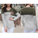 Maxbell Women Striped Suede Pocket Spliced Long Sleeve Slim T-shirt XXL Green