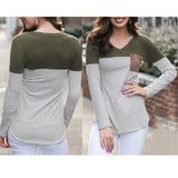 Maxbell Women Striped Suede Pocket Spliced Long Sleeve Slim T-shirt XXL Green