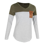 Maxbell Women Striped Suede Pocket Spliced Long Sleeve Slim T-shirt XXL Green