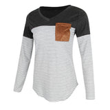 Maxbell Women Striped Suede Pocket Spliced Long Sleeve Slim T-shirt S Gray