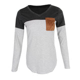 Maxbell Women Striped Suede Pocket Spliced Long Sleeve Slim T-shirt S Gray