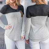 Maxbell Women Striped Suede Pocket Spliced Long Sleeve Slim T-shirt S Gray