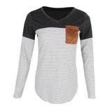 Maxbell Women Striped Suede Pocket Spliced Long Sleeve Slim T-shirt S Gray