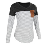 Maxbell Women Striped Suede Pocket Spliced Long Sleeve Slim T-shirt S Gray