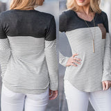 Maxbell Women Striped Suede Pocket Spliced Long Sleeve Slim T-shirt S Gray