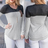 Maxbell Women Striped Suede Pocket Spliced Long Sleeve Slim T-shirt XL Gray