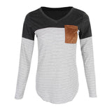 Maxbell Women Striped Suede Pocket Spliced Long Sleeve Slim T-shirt XL Gray