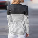 Maxbell Women Striped Suede Pocket Spliced Long Sleeve Slim T-shirt XL Gray