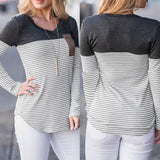 Maxbell Women Striped Suede Pocket Spliced Long Sleeve Slim T-shirt XL Gray