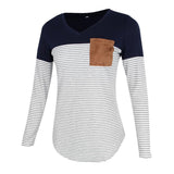 Maxbell Women Striped Suede Pocket Spliced Long Sleeve Slim T-shirt M Navy blue