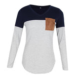 Women Striped Suede Pocket Spliced Long Sleeve Slim T-shirt L Navy blue