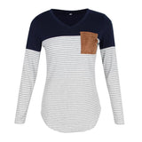 Maxbell Women Striped Suede Pocket Spliced Long Sleeve Slim T-shirt XL Navy blue