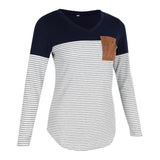 Maxbell Women Striped Suede Pocket Spliced Long Sleeve Slim T-shirt XL Navy blue