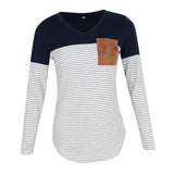 Maxbell Women Striped Suede Pocket Spliced Long Sleeve Slim T-shirt XL Navy blue