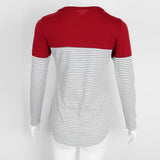 Maxbell Women Striped Suede Pocket Spliced Long Sleeve Slim T-shirt L Red