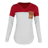 Maxbell Women Striped Suede Pocket Spliced Long Sleeve Slim T-shirt L Red