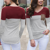 Maxbell Women Striped Suede Pocket Spliced Long Sleeve Slim T-shirt L Red