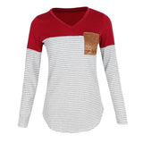Maxbell Women Striped Suede Pocket Spliced Long Sleeve Slim T-shirt L Red