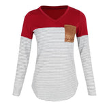 Maxbell Women Striped Suede Pocket Spliced Long Sleeve Slim T-shirt L Red