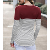 Maxbell Women Striped Suede Pocket Spliced Long Sleeve Slim T-shirt L Red