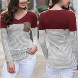 Maxbell Women Striped Suede Pocket Spliced Long Sleeve Slim T-shirt XXL Red