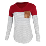 Maxbell Women Striped Suede Pocket Spliced Long Sleeve Slim T-shirt XXL Red