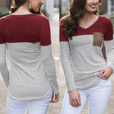 Maxbell Women Striped Suede Pocket Spliced Long Sleeve Slim T-shirt XXL Red