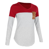 Maxbell Women Striped Suede Pocket Spliced Long Sleeve Slim T-shirt XXL Red