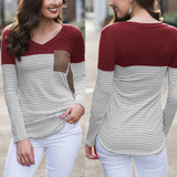 Maxbell Women Striped Suede Pocket Spliced Long Sleeve Slim T-shirt XXL Red