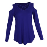 Maxbell Women's Cold Shoulder Tops Long Sleeve Criss Cross V-Neck T-Shirts Blue S