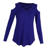 Maxbell Women's Cold Shoulder Tops Long Sleeve Criss Cross V-Neck T-Shirts Blue S