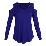 Maxbell Women's Cold Shoulder Tops Long Sleeve Criss Cross V-Neck T-Shirts Blue S