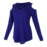 Maxbell Women's Cold Shoulder Tops Long Sleeve Criss Cross V-Neck T-Shirts Blue S