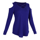 Maxbell Women's Cold Shoulder Tops Long Sleeve Criss Cross V-Neck T-Shirts Blue S