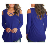 Maxbell Women's Cold Shoulder Tops Long Sleeve Criss Cross V-Neck T-Shirts Blue S