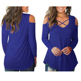 Maxbell Women's Cold Shoulder Tops Long Sleeve Criss Cross V-Neck T-Shirts Blue S