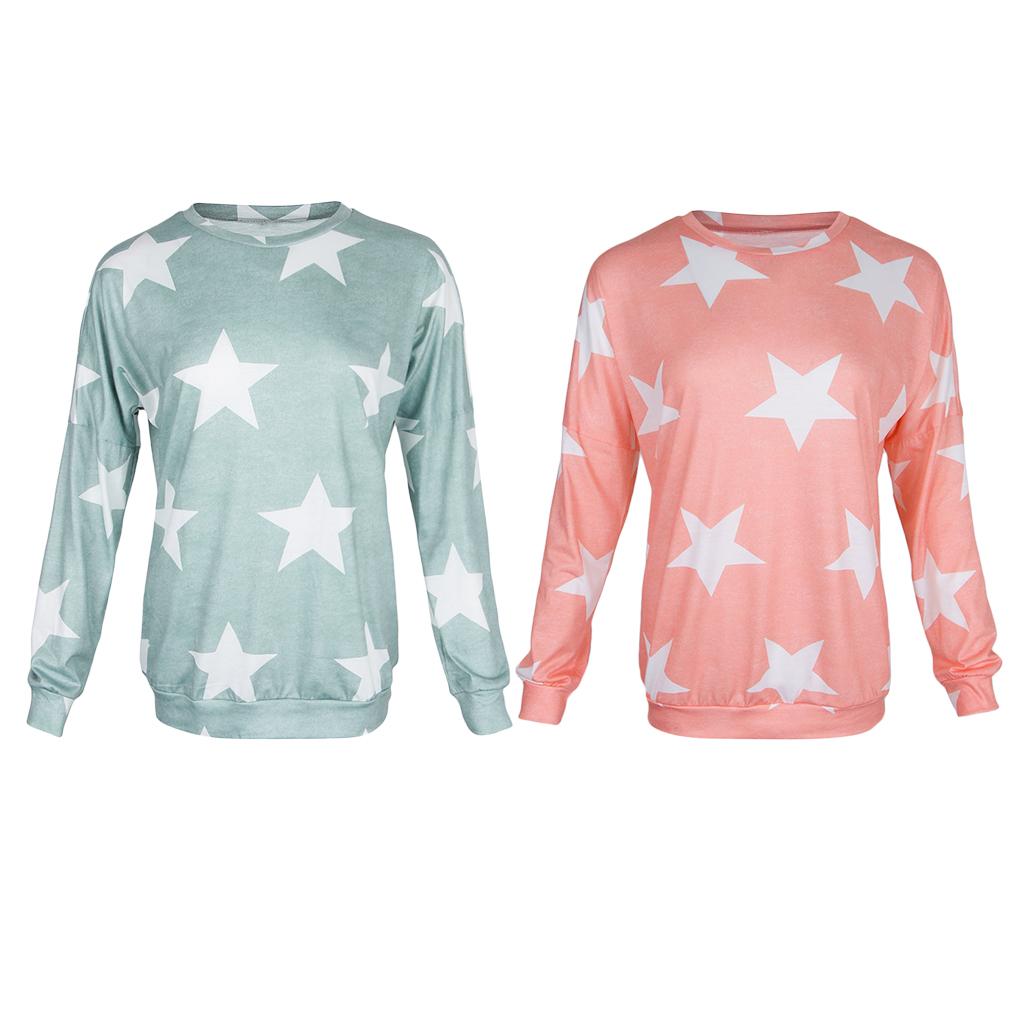 Maxbell Fashion Women Stars Print Round Neck Star Print Long Sleeve T-shirt S Pink