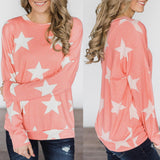 Maxbell Fashion Women Stars Print Round Neck Star Print Long Sleeve T-shirt S Pink