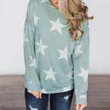 Maxbell Fashion Women Stars Print Round Neck Star Print Long Sleeve T-shirt M Green
