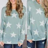 Maxbell Fashion Women Stars Print Round Neck Star Print Long Sleeve T-shirt M Green