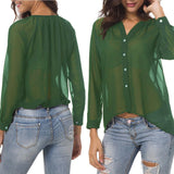 Maxbell Fashion Women Ladies Loose Casual Chiffon Long Sleeve Shirt Tops Blouses M Green