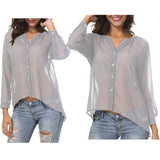 Maxbell Fashion Women Ladies Loose Casual Chiffon Long Sleeve Shirt Tops Blouses M Gray