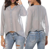 Maxbell Fashion Women Ladies Loose Casual Chiffon Long Sleeve Shirt Tops Blouses M Gray