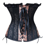 Maxbell Lady Floral Trim Lace up Boned Overbust Corset Waist Cincher Bustier L Gold