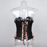 Maxbell Lady Floral Trim Lace up Boned Overbust Corset Waist Cincher Bustier L Gold