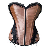 Maxbell Lady Floral Trim Lace up Boned Overbust Corset Waist Cincher Bustier L Gold