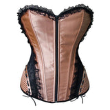 Maxbell Lady Floral Trim Lace up Boned Overbust Corset Waist Cincher Bustier L Gold