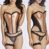 Maxbell Lady Floral Trim Lace up Boned Overbust Corset Waist Cincher Bustier L Gold
