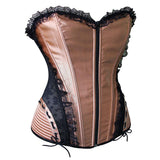 Maxbell Lady Floral Trim Lace up Boned Overbust Corset Waist Cincher Bustier L Gold
