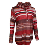 Women Cowl Neck Striped Hoodie Long Sleeve Pullover Top with Pocket L Red